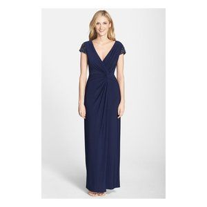 $250 Eliza J Embellished Cap Sleeve Twist Front Gown STRETCHY NAVY Jewel Maxi 8